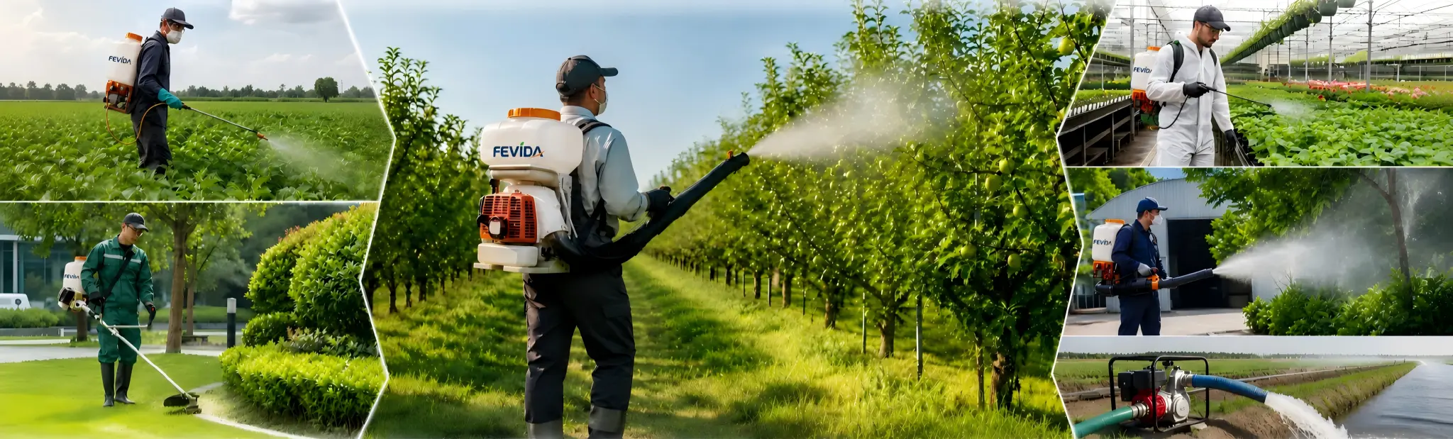 FEVIDA agricultural sprayer applications in orchard spraying, field spraying, greenhouse spraying, lawn maintenance, sanitation spraying and irrigation support