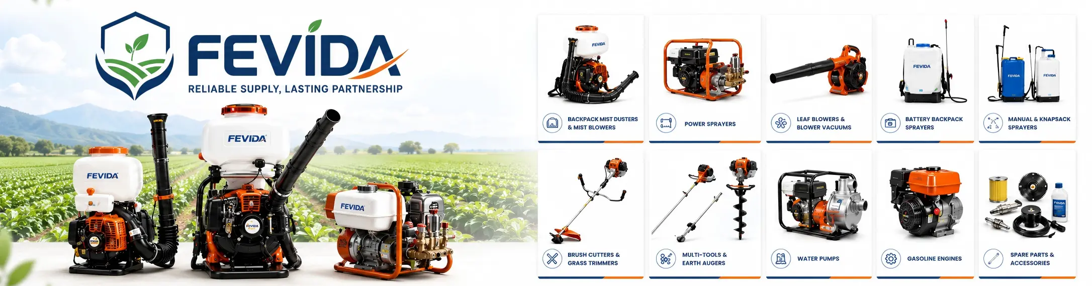 FEVIDA agricultural sprayers, garden machinery, water pumps and gasoline engines for global distributors