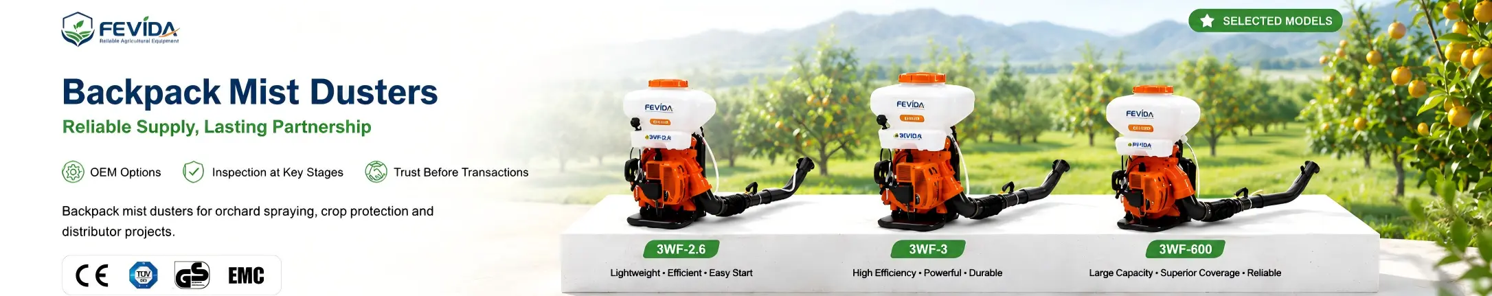 FEVIDA backpack mist dusters and mist blowers for orchard spraying, crop protection and pest control
