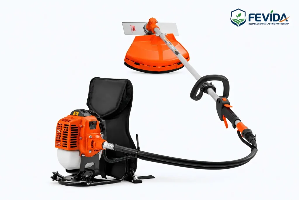 FEVIDA BG260 backpack brush cutter for grass cutting, weed trimming and garden maintenance