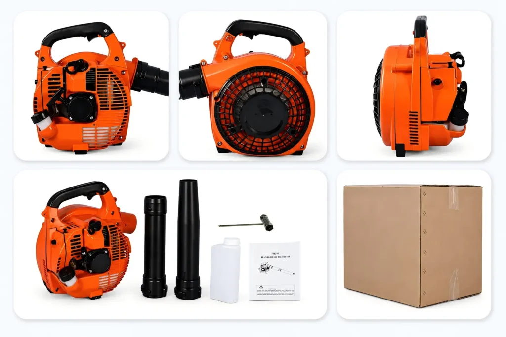 FEVIDA EB26 leaf blower accessories kit with pipes, nozzle, tools and packing box