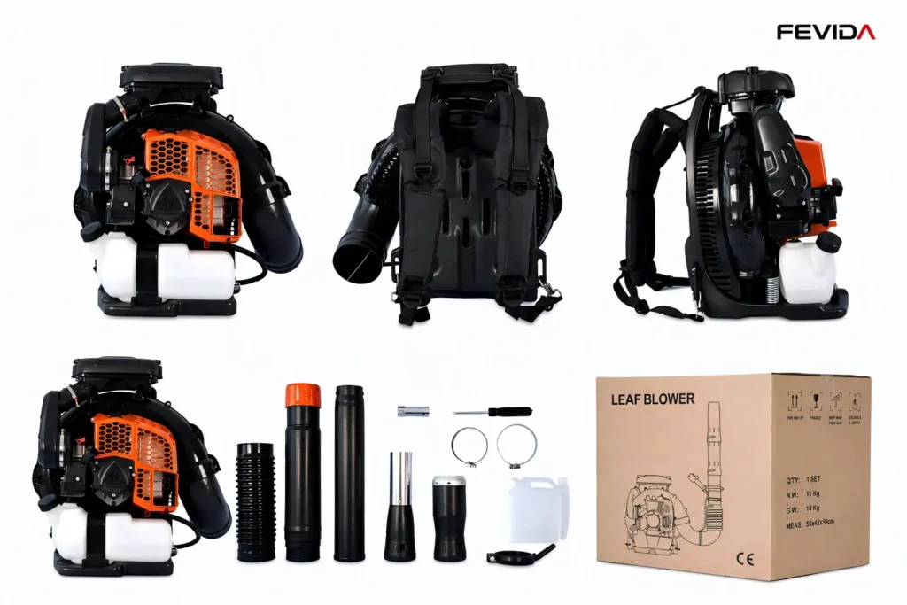 FEVIDA EB8010 backpack leaf blower accessories kit with blower pipes, tools and packing box