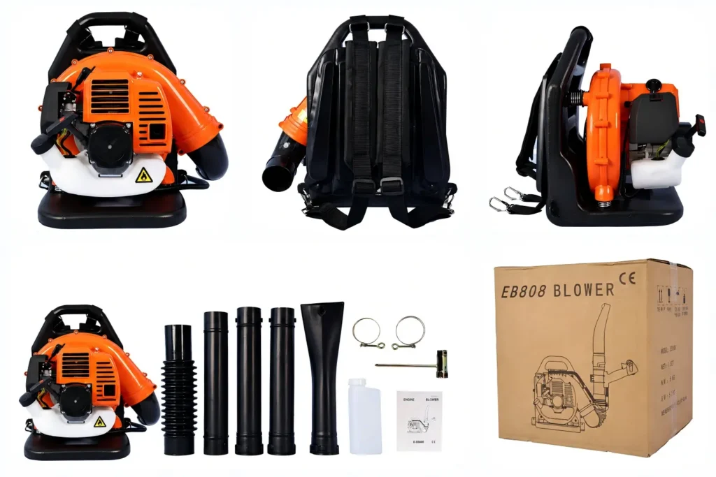 FEVIDA EB808 backpack leaf blower accessories kit with pipes, tools and packing box