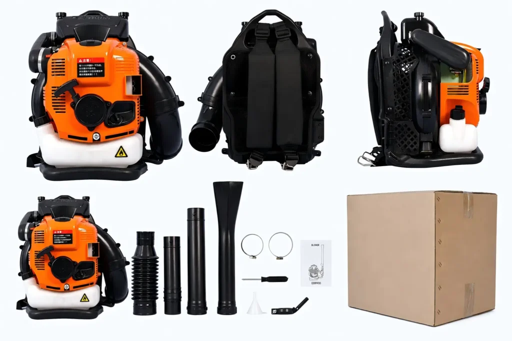 FEVIDA EB9900 backpack leaf blower accessories kit with pipes, tools and packing box