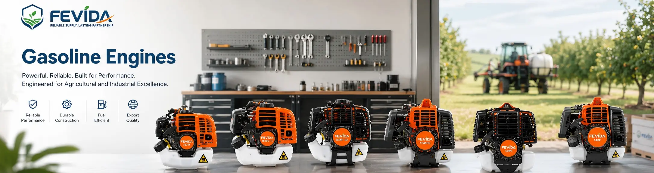 FEVIDA gasoline engine product detail banner for garden machinery and agricultural equipment