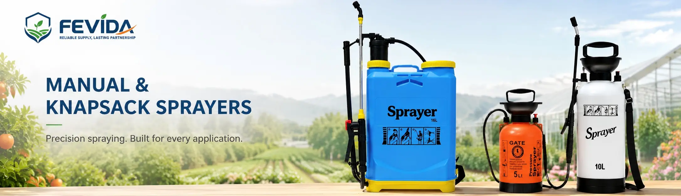 FEVIDA manual and knapsack sprayer detail page banner for agricultural and garden spraying