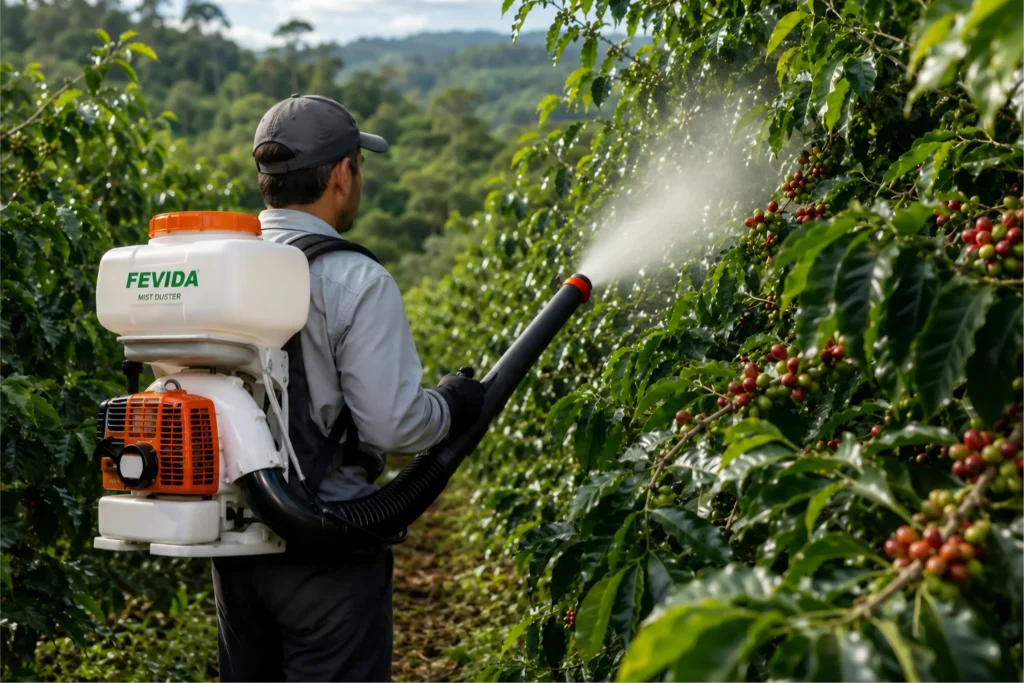Mist duster sprayer for coffee farms and orchard crop protection